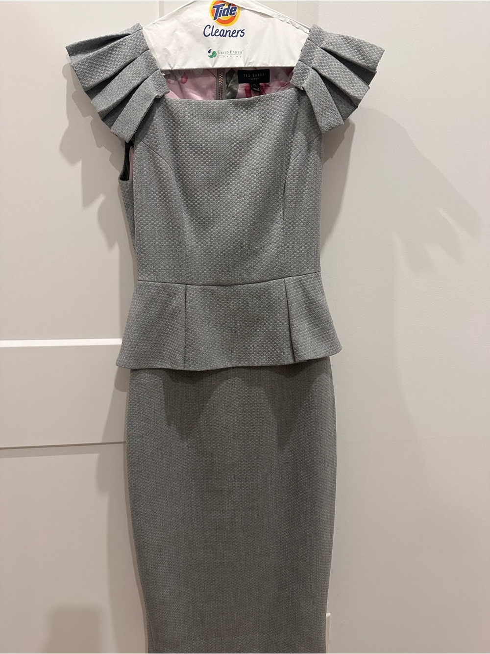 Ted Baker Light Gray Textured Peplum Pencil Dress